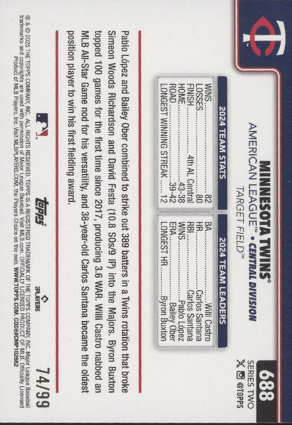 Minnesota Twins 2025 Topps Series 2 Value Box Holiday Hot Dog Holo 74/99 #688