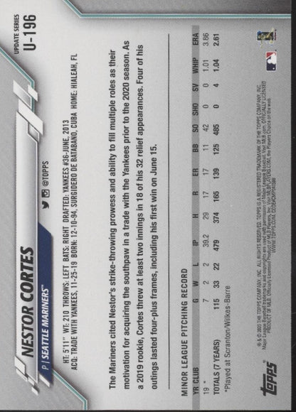 Nestor Cortes 2020 Topps Update Series Holo RC #U-196
