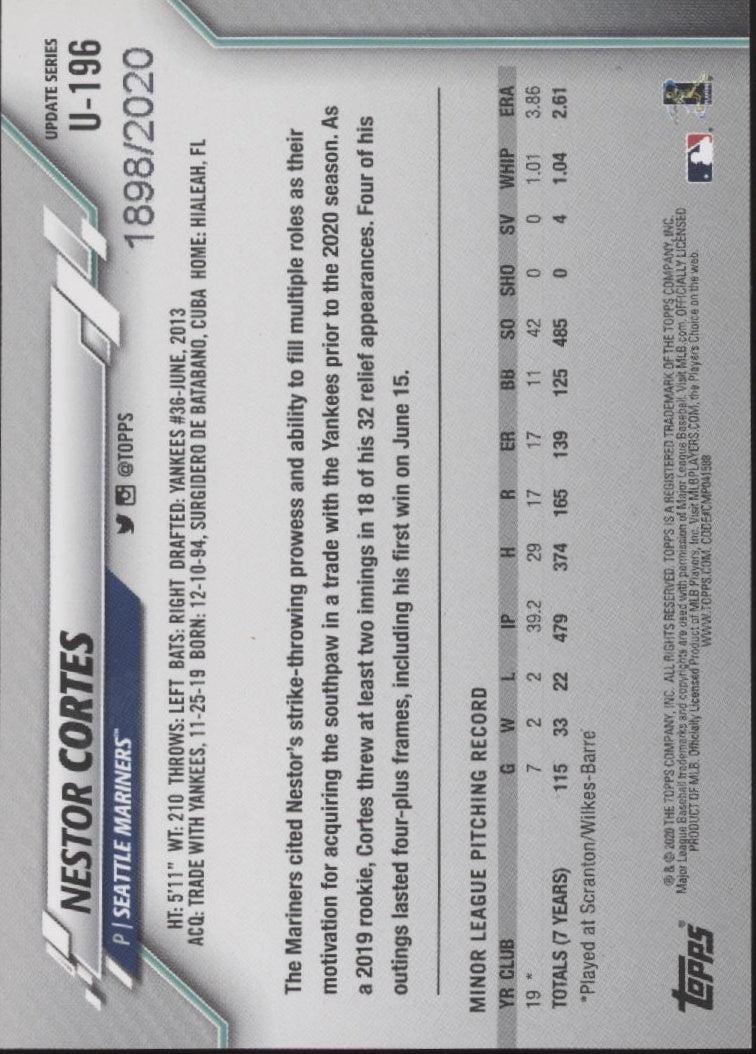 Nestor Cortes 2020 Topps Update Series Gold RC 1898/2020 #U-196