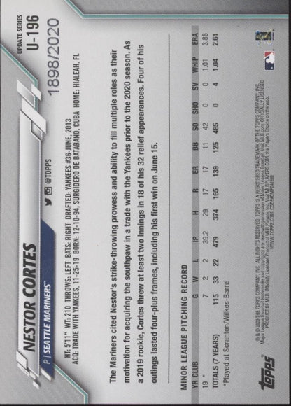 Nestor Cortes 2020 Topps Update Series Gold RC 1898/2020 #U-196