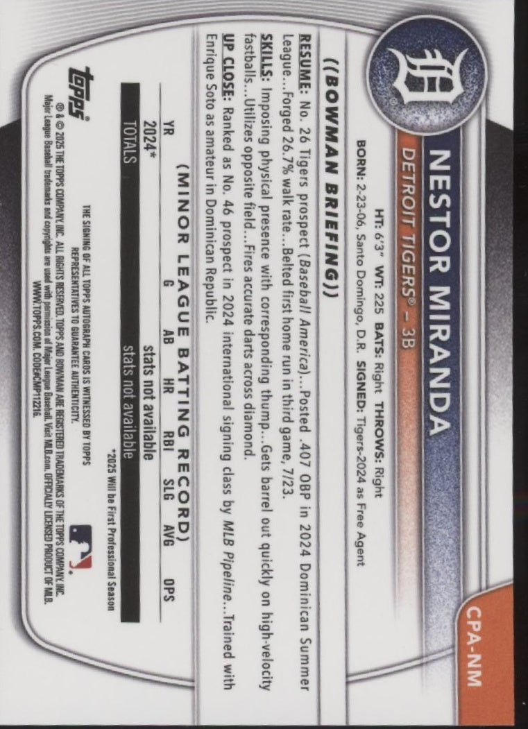 Nestor Miranda 2025 Bowman Chrome Prospects Auto #CPA-NM