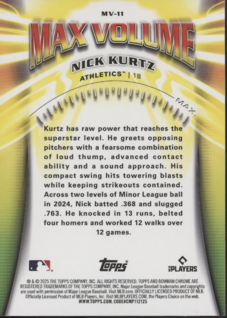 Nick Kurtz 2025 Bowman Chrome Max Volume Refractor RC #MV-11 #1
