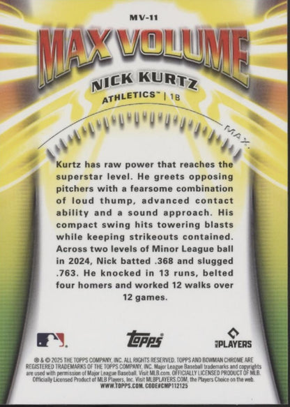 Nick Kurtz 2025 Bowman Chrome Max Volume Refractor RC #MV-11 #1