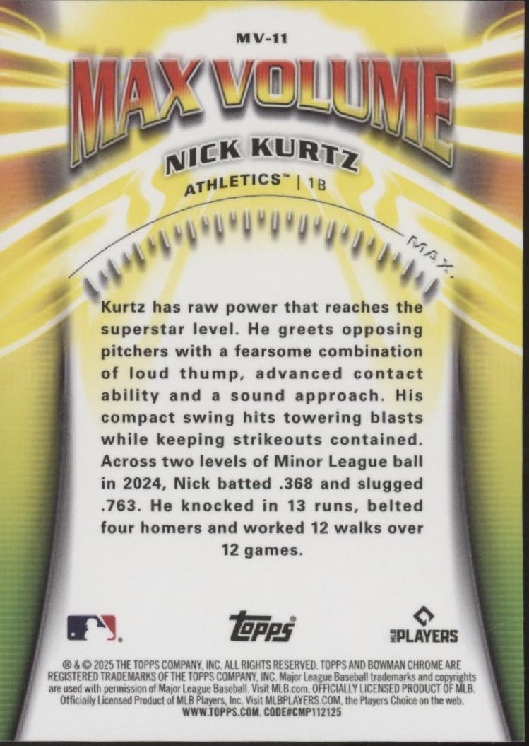 Nick Kurtz 2025 Bowman Chrome Max Volume Refractor RC #MV-11 #2