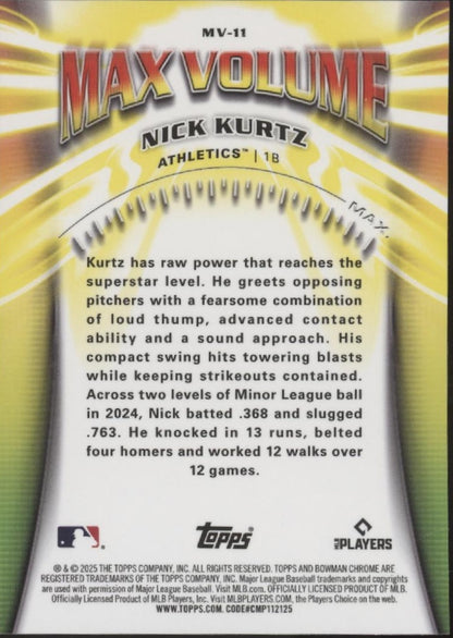 Nick Kurtz 2025 Bowman Chrome Max Volume Refractor RC #MV-11 #2
