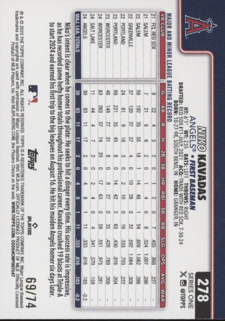 Niko Kavadas 2025 Topps Series 1 Black RC 69/75 #278