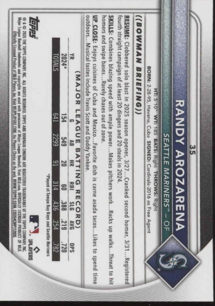 Randy Arozarena 2025 Bowman Chrome Orange Refractor 09/25 #35