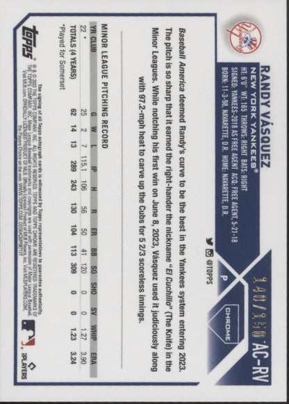 Randy Vasquez 2023 Topps Chrome Blue Refractor RC Auto 140/150 #AC-RV