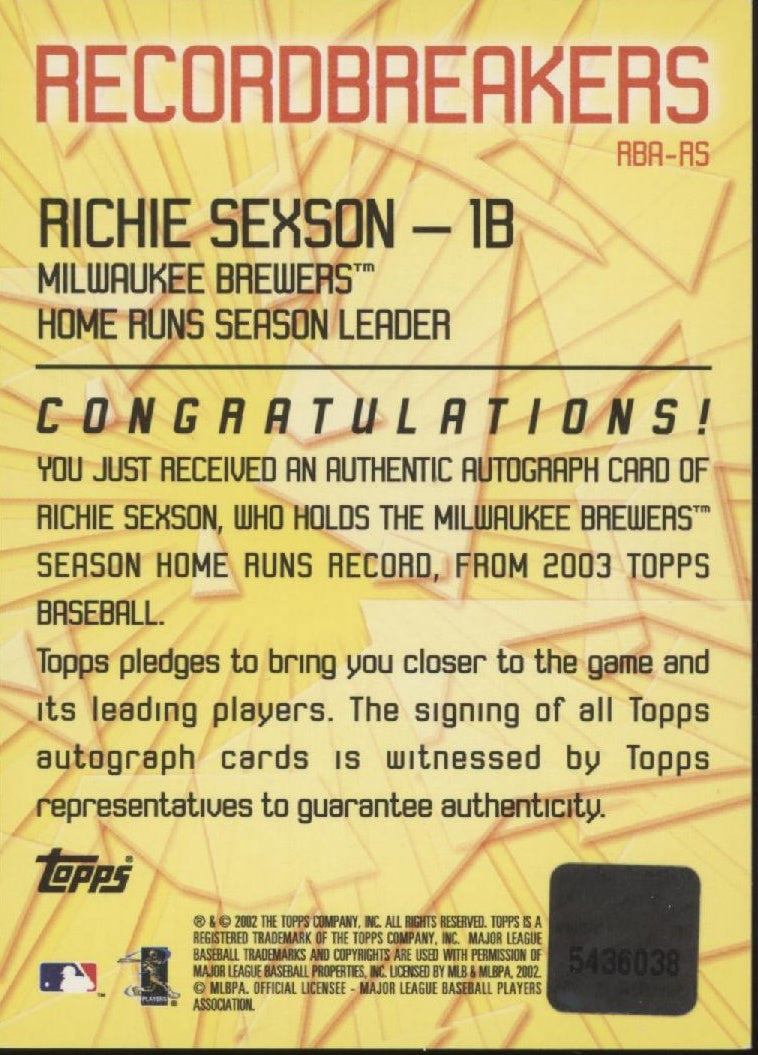 Richie Sexson 2002 Topps Record Breakers Auto #RBA-RS