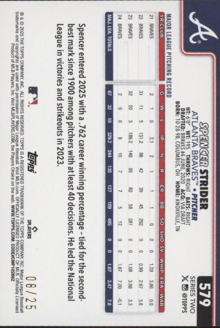 Spencer Strider 2025 Topps Series 2 Orange Diamante Holo 08/25 #579