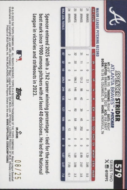 Spencer Strider 2025 Topps Series 2 Orange Diamante Holo 08/25 #579