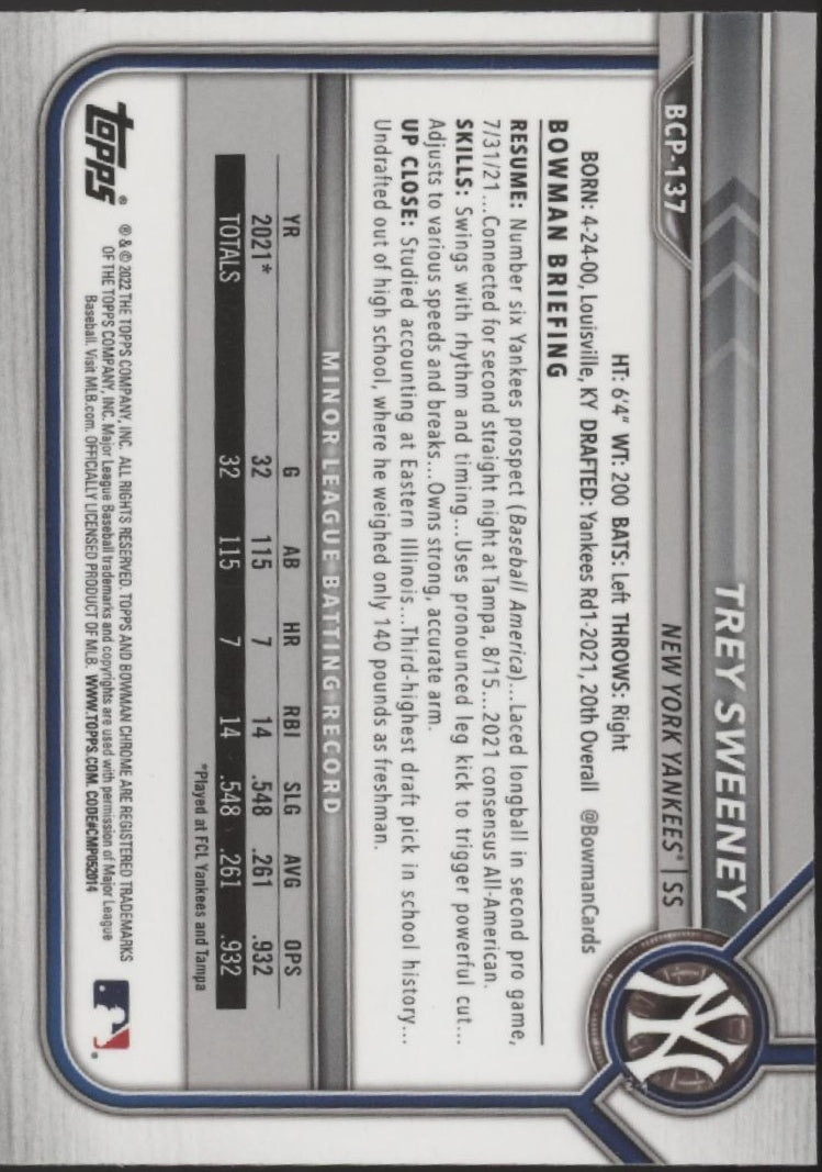 Trey Sweeney 2022 Bowman Chrome Prospects Mojo Refractor #BCP-137