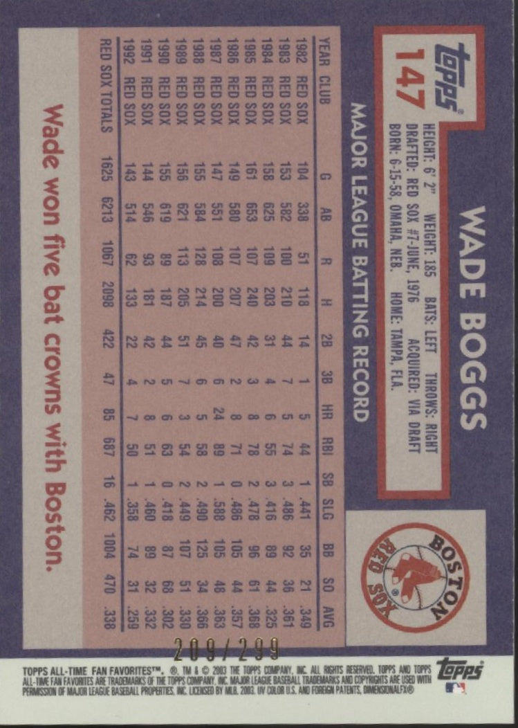 Wade Boggs 2003 Topps All-Time Fan Favorites 209/299 #147