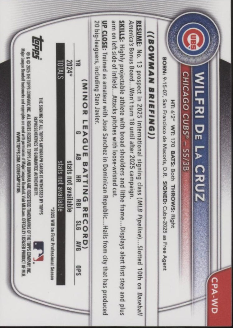 Wilfri De La Cruz 2025 Bowman Chrome Prospects Auto #CPA-WD