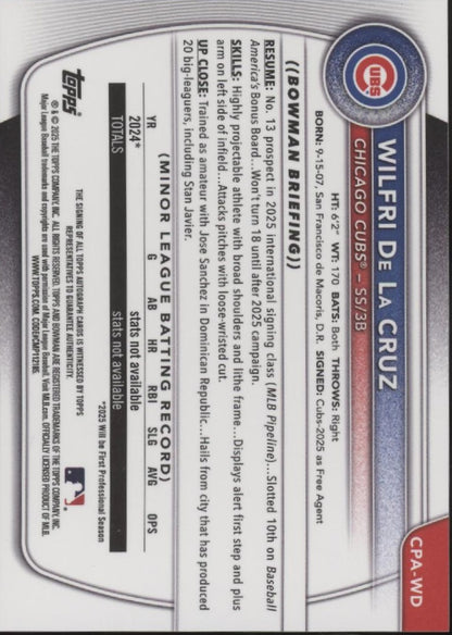 Wilfri De La Cruz 2025 Bowman Chrome Prospects Auto #CPA-WD