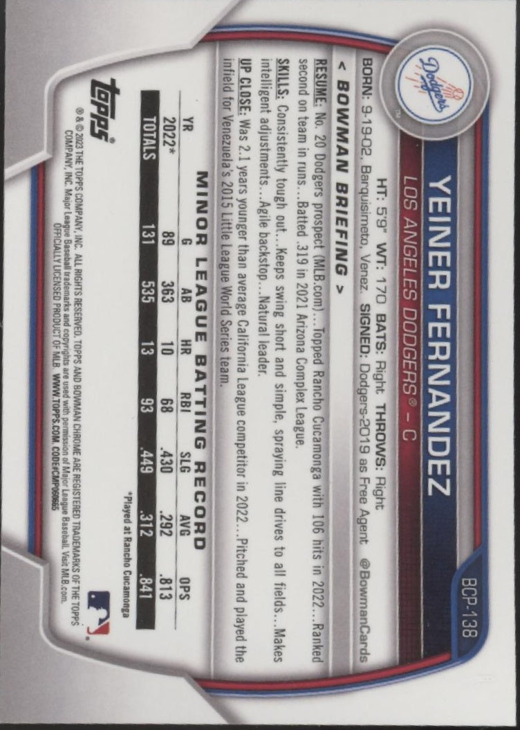 Yeiner Fernandez 2023 Bowman Chrome #BCP-138