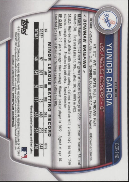 Yunior Garcia 2023 Bowman Chrome Lunar Glow Refractor #BCP-142