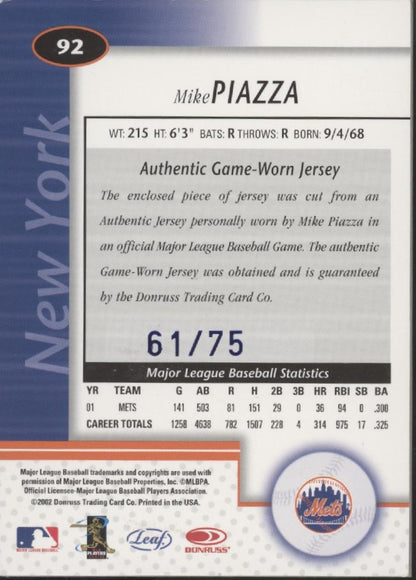 Mike Piazza 2002 Leaf Certified Mirror Blue Swatch 61/75 #92