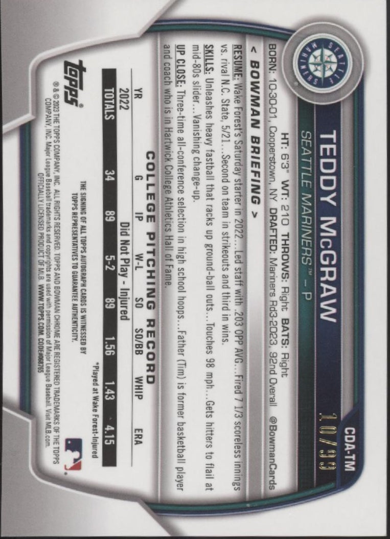 Teddy McGraw 2023 Bowman Chrome Green Refractor Auto 10/99 #CDA-TM