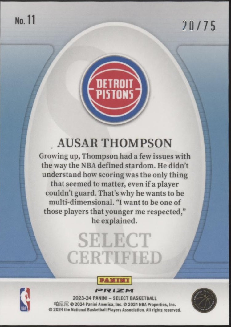 Ausar Thompson 2023-24 Panini Select Certified Purple Ice Prizm 20/75 RC #11