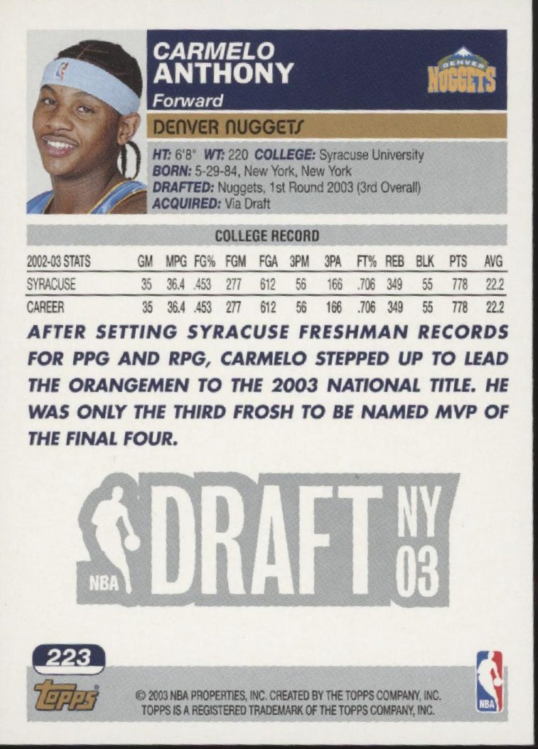 Carmelo Anthony 2003-04 Topps Draft Pick #3 RC #223