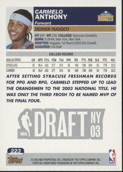 Carmelo Anthony 2003-04 Topps Draft Pick #3 RC #223