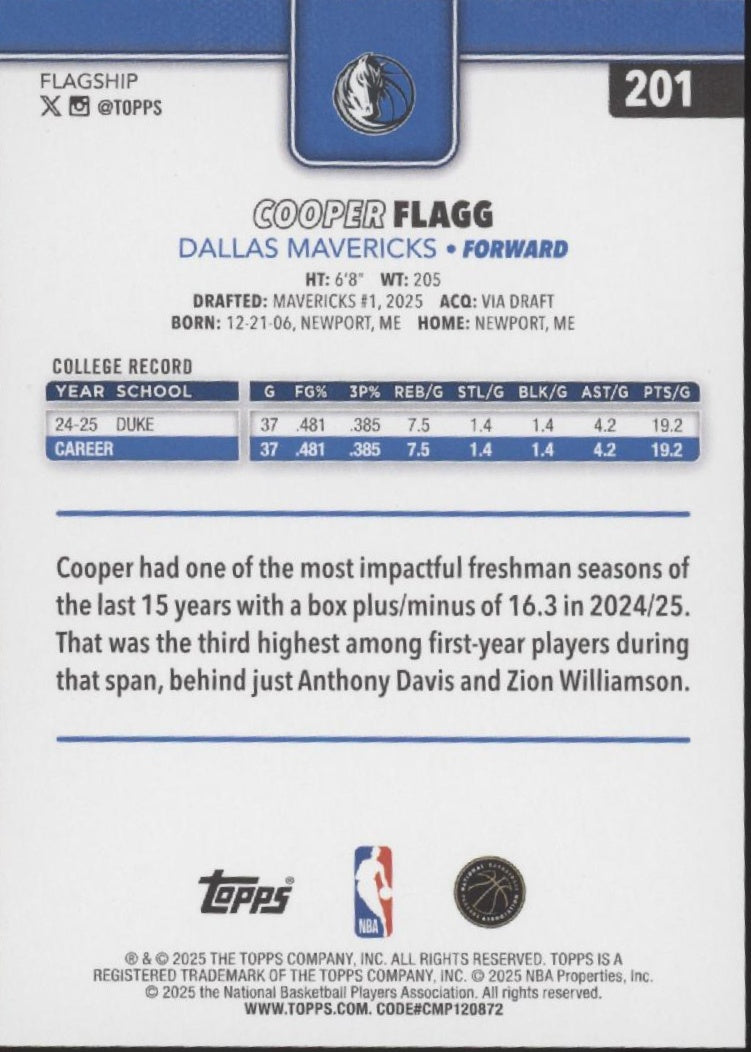 Cooper Flagg 2025 Topps Flagship RC #201 #2