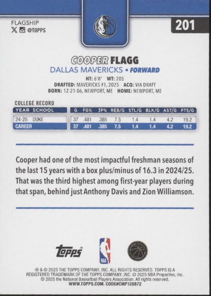 Cooper Flagg 2025 Topps Flagship RC #201 #2