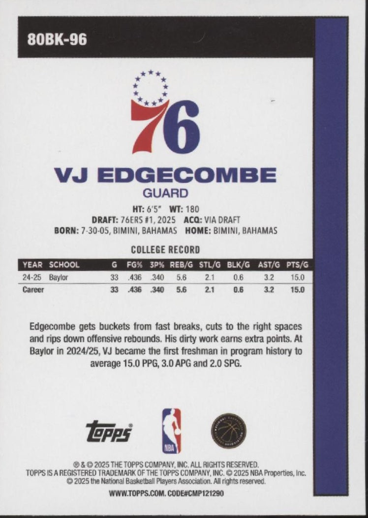VJ Edgecombe 2025-26 Topps 45th Anniversary RC #80BK-96