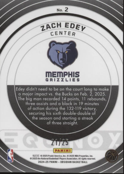 Zach Edey 2024-25 Panini Obsidian Equinox Green Prizm RC 21/25 #2