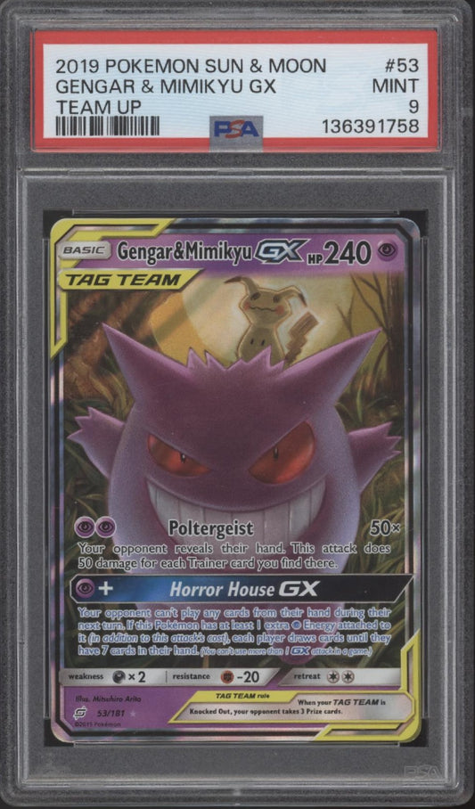 Gengar & Mimikyu GX Pokemon Team Up #53 PSA 9