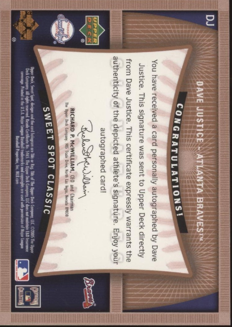 Dave Justice 2005 Upper Deck Sweet Spot Classic Signatures Ball Relic Auto #DJ、Collector Store LLC、kayou