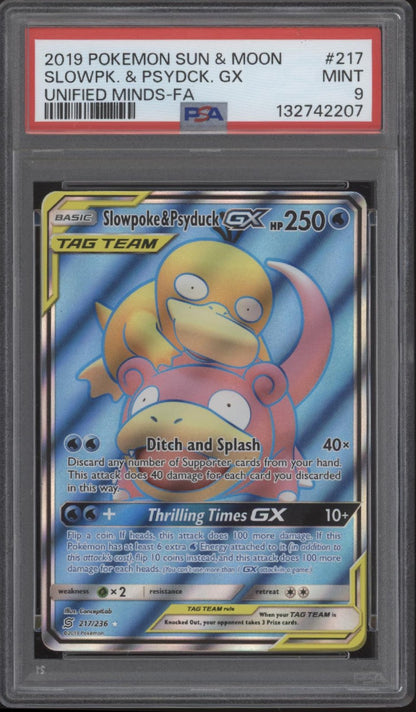 Slowpoke & Psyduck GX Pokemon Unified Minds Full Art #217 PSA 9