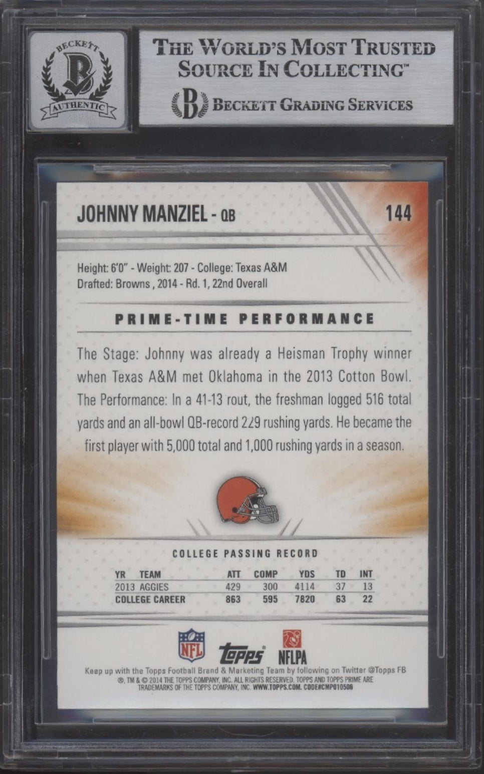 Johnny Manziel 2014 Topps Prime RC with Beckett Authentic Auto 10