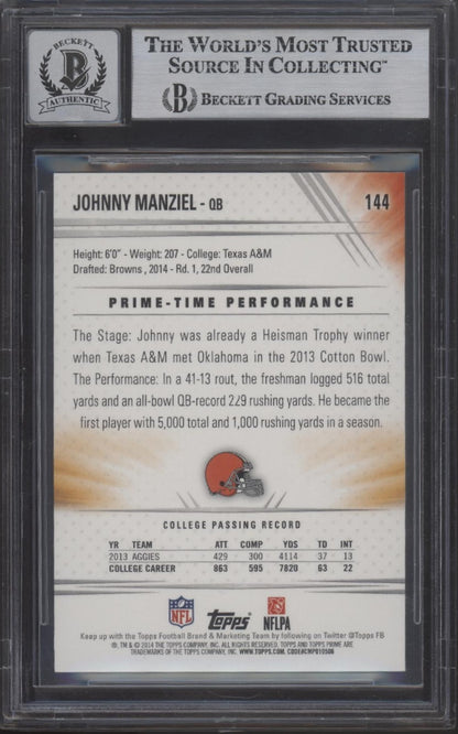 Johnny Manziel 2014 Topps Prime RC with Beckett Authentic Auto 10