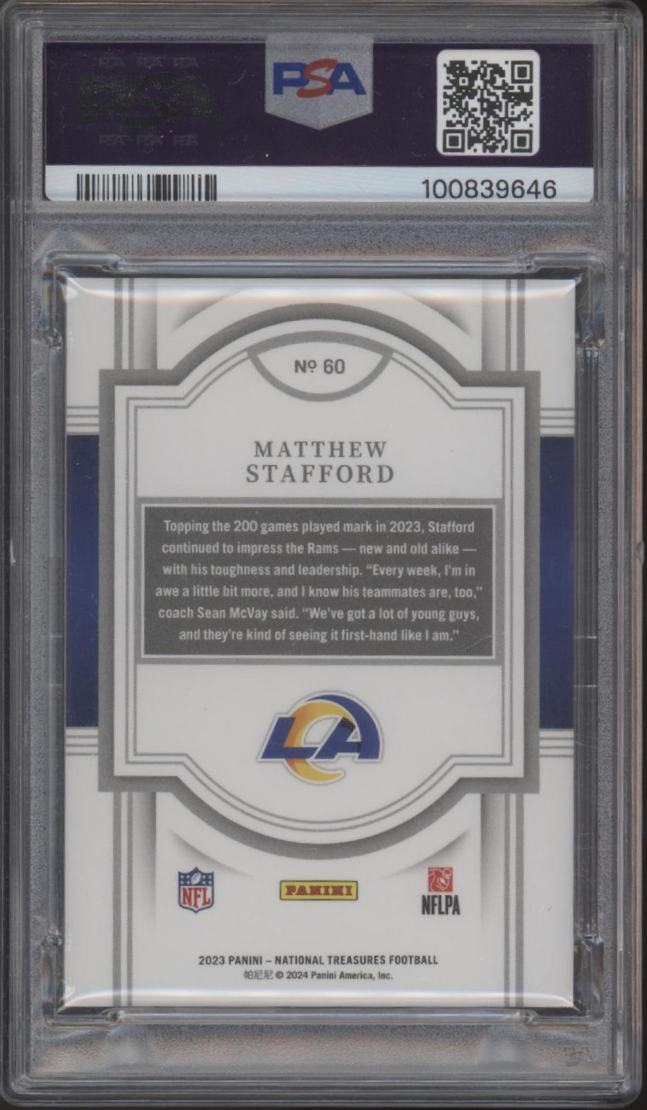 Matthew Stafford 2023 Panini National Treasures Emerald 07/10 #60 PSA 9