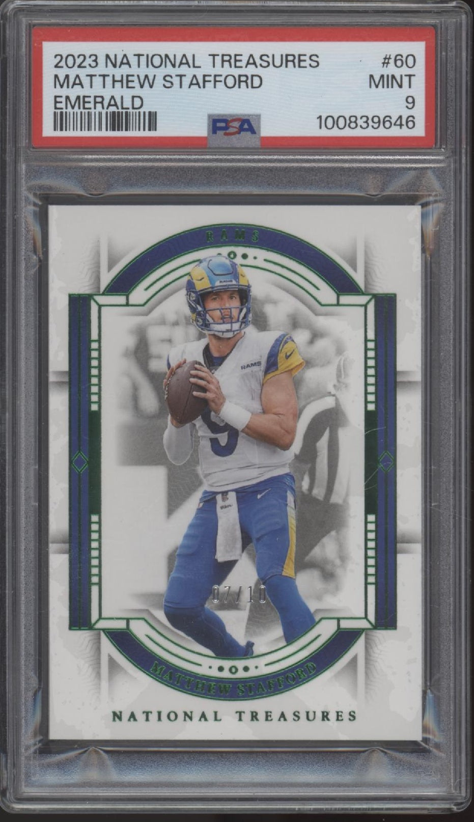 Matthew Stafford 2023 Panini National Treasures Emerald 07/10 #60 PSA 9
