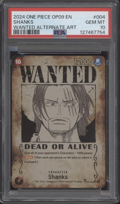 Shanks One Piece Card Game Emperors in the New World Wanted Alt Art #004 PSA 10