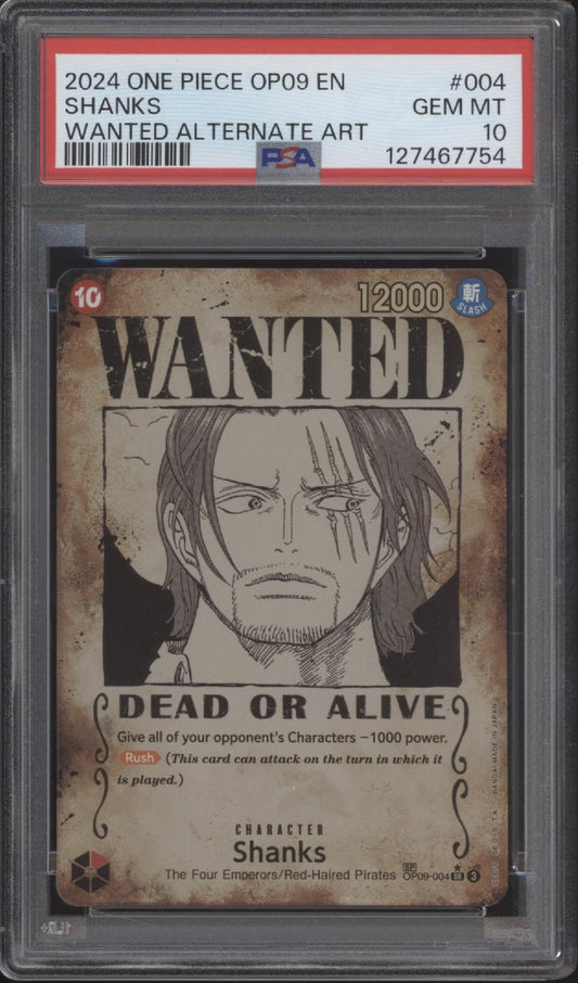 Shanks One Piece Card Game Emperors in the New World Wanted Alt Art #004 PSA 10
