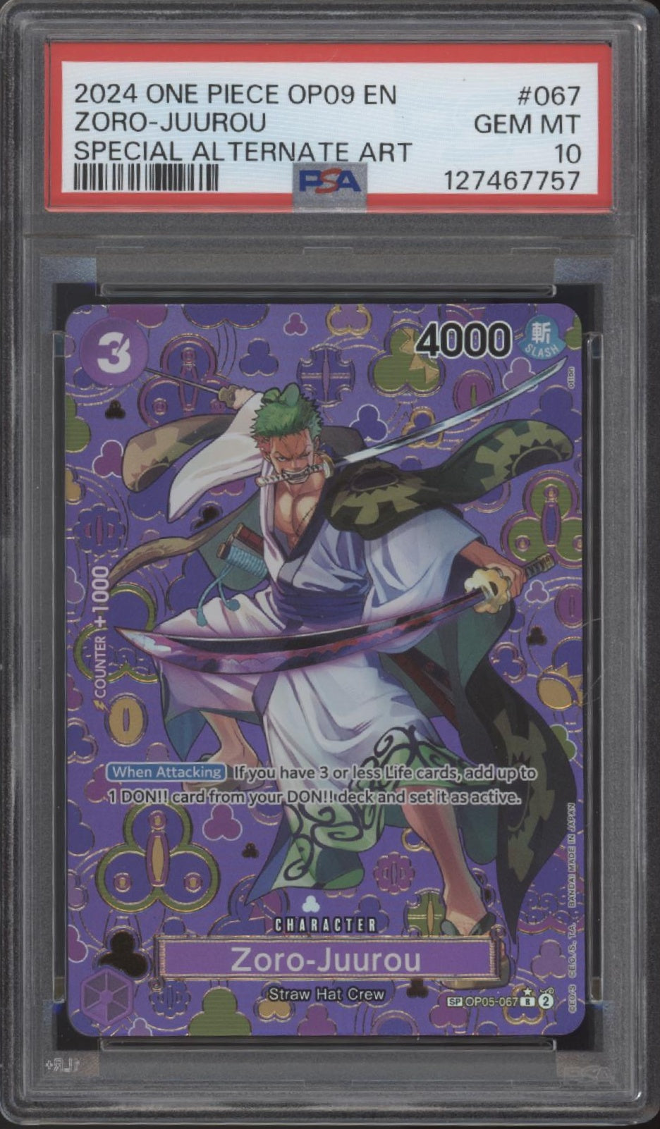 Zoro Juurou One Piece Card Game Emperors in the New World Special Alt Art PSA 10