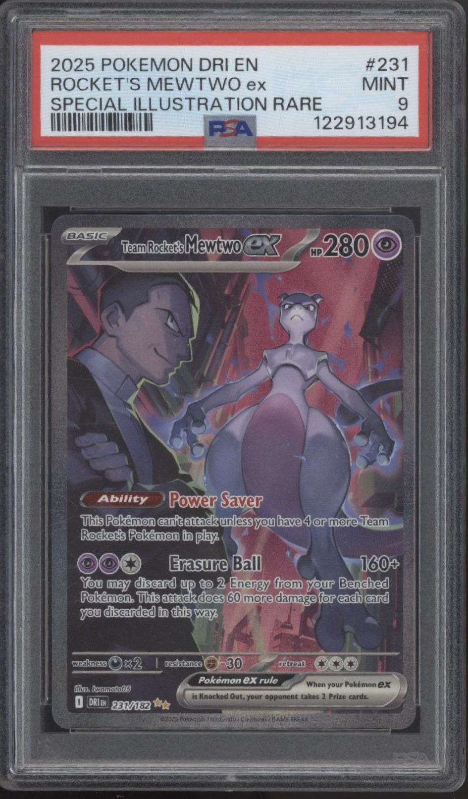 Rocket's Mewtwo ex Pokemon Destined Rivals Special Illustration Rare #231 PSA 9