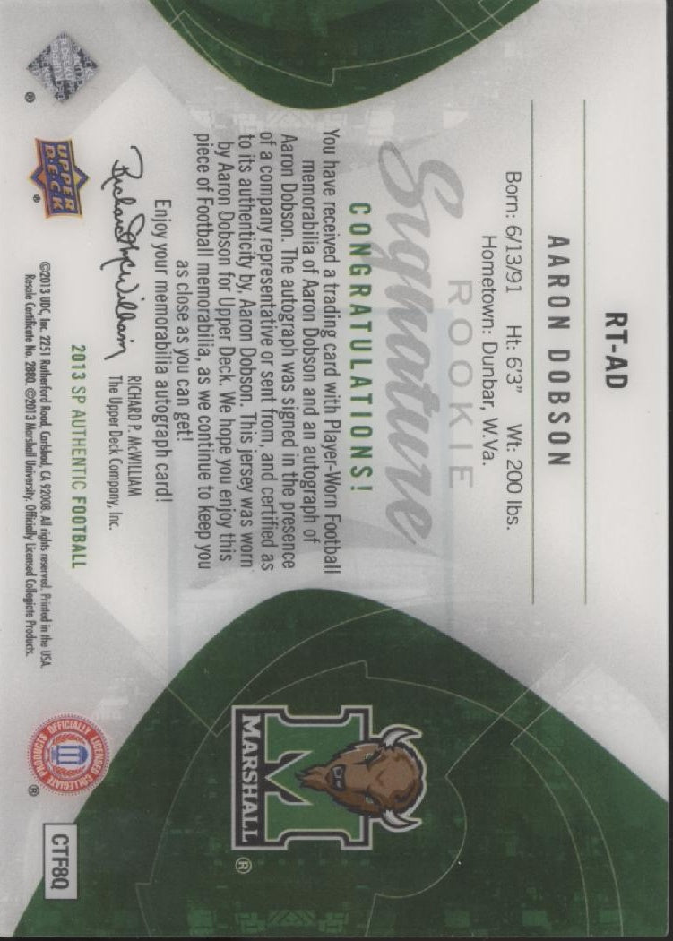 Aaron Dobson 2013 UD SP Authentic Rookie Signature Threads Swatch Auto 192/275