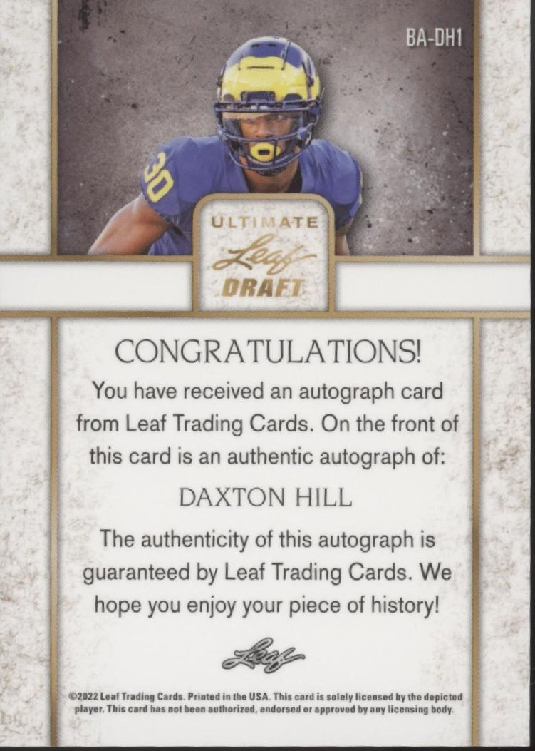 Daxton Hill 2022 Leaf Ultimate Draft Blue RC Auto 57/75 #BA-DH1