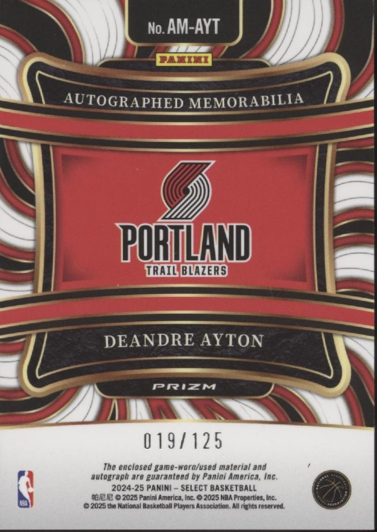 Deandre Ayton  2024-25 Panini Select Prizm Swatch Auto 019/125 #AM-AYT