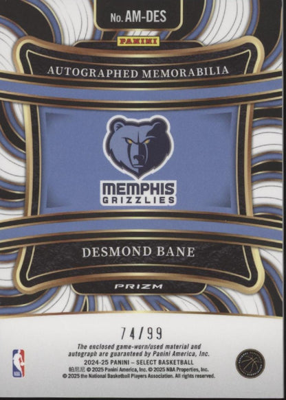 Desmond Bane 2024-25 Panini Select Prizm Swatch Auto 74/99 #AM-DES