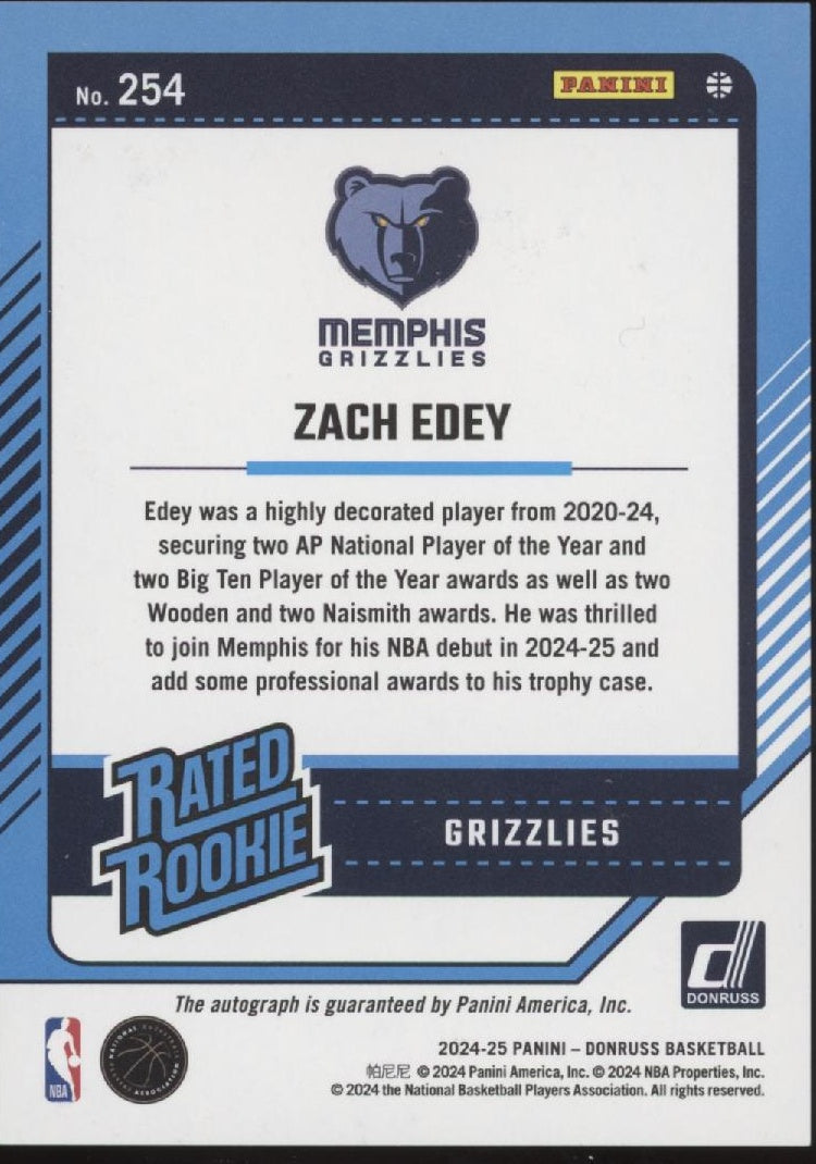 Zach Edey 2024-25 Panini Donruss Rated Rookie RC Auto #254