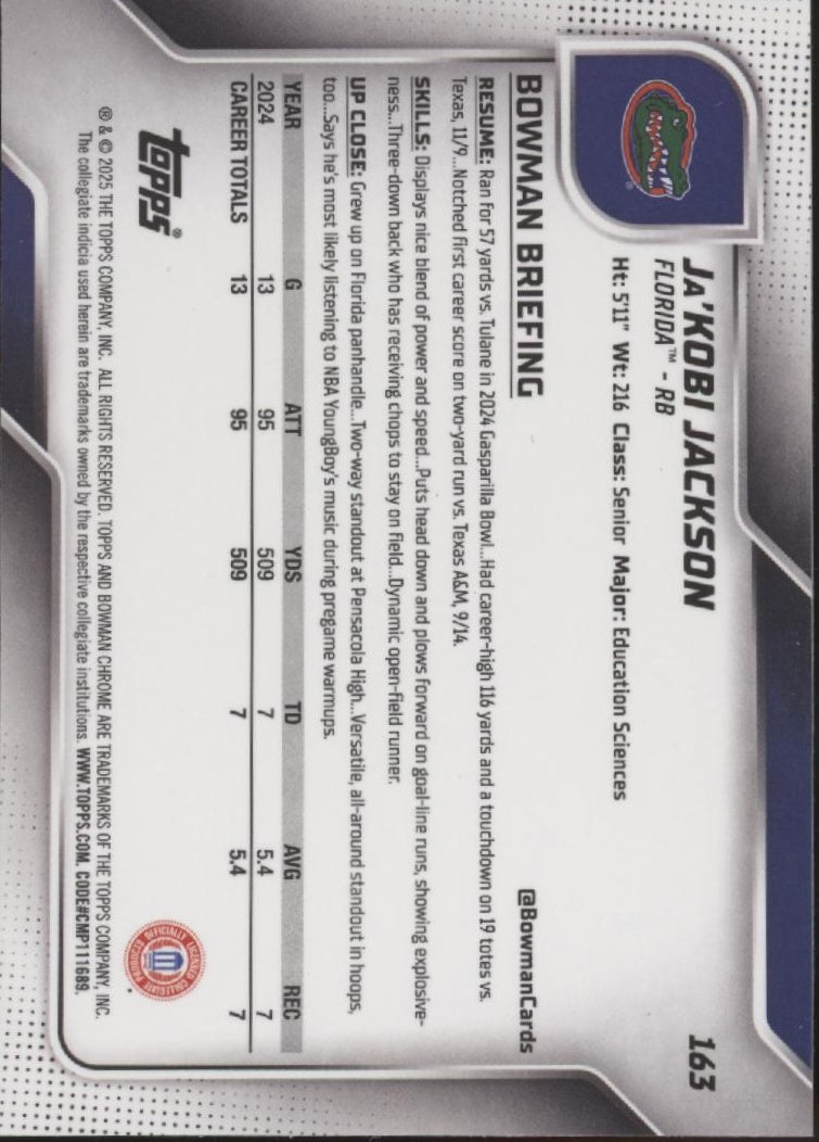 Ja'Kobi Jackson 2025 Bowman Chrome University Yellow Refractor 168/350 #163