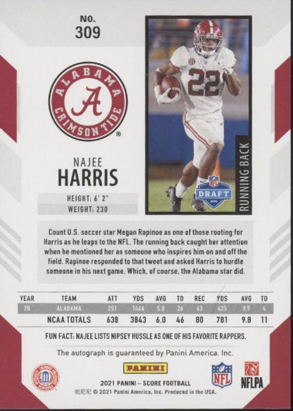 Najee Harris 2021 Panini Score Artist's Proof Blue RC Auto 31/35 #309