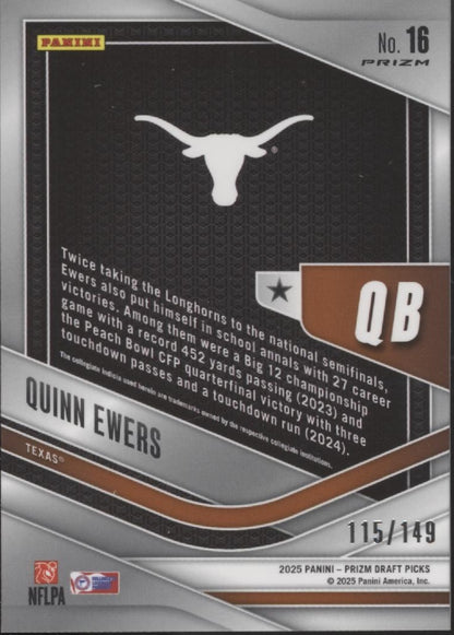 Quinn Ewers 2025 Prizm Draft Picks Trophy Hunting Blue Ice Prizm RC 115/149 #16