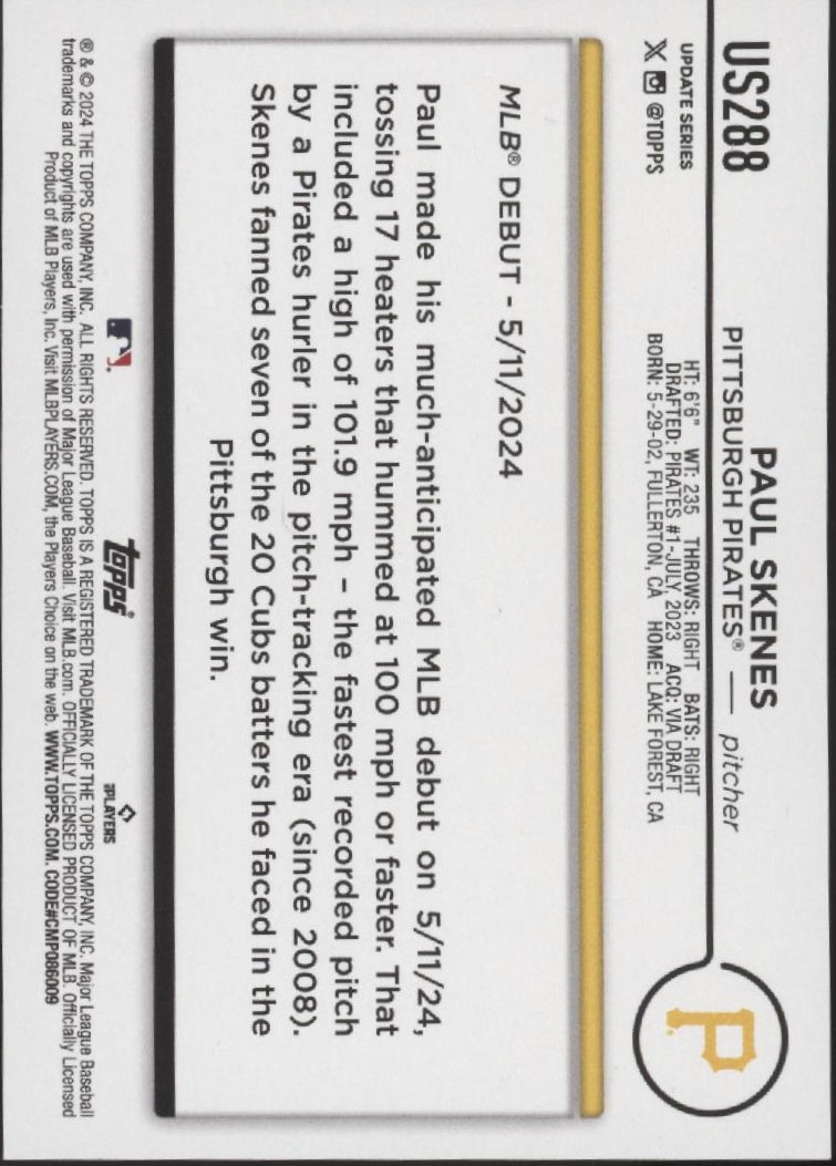 Paul Skenes 2024 Topps Update Series RC #US288 #1